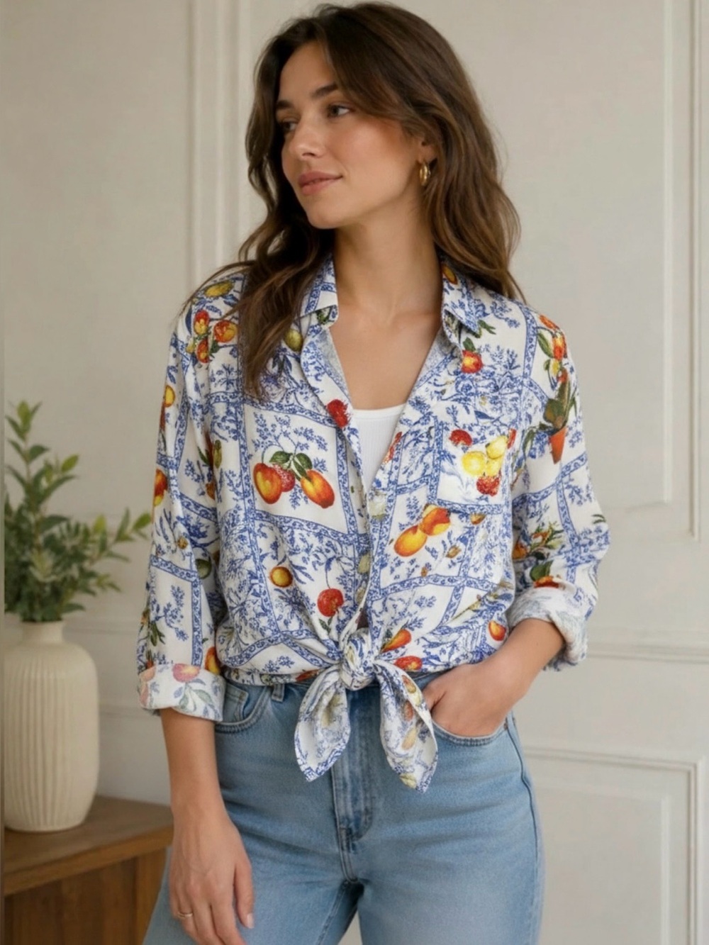 Rose & Olive Blue Tile and Fruit Print Button-Up Shirt